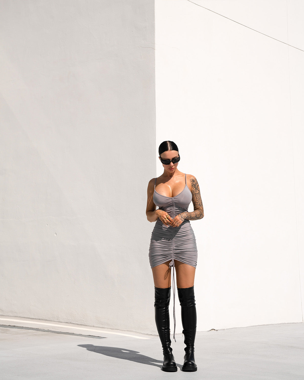 Front String Mini Dress Smoke